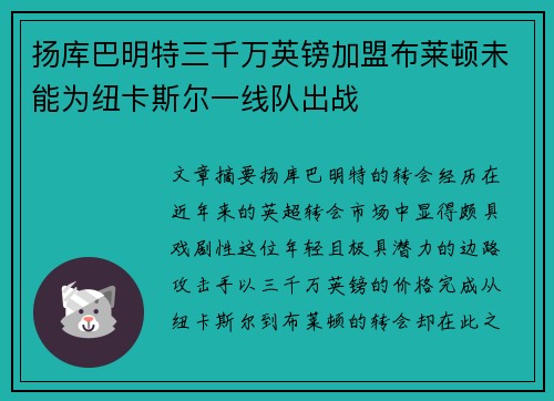 扬库巴明特三千万英镑加盟布莱顿未能为纽卡斯尔一线队出战
