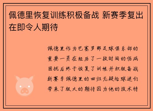 佩德里恢复训练积极备战 新赛季复出在即令人期待
